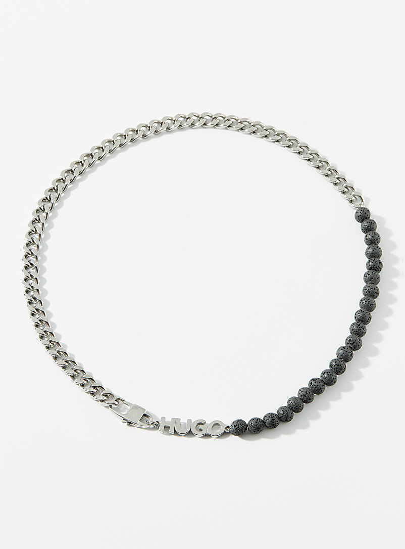HUGO Silver Volcanic stone and chain necklace for men