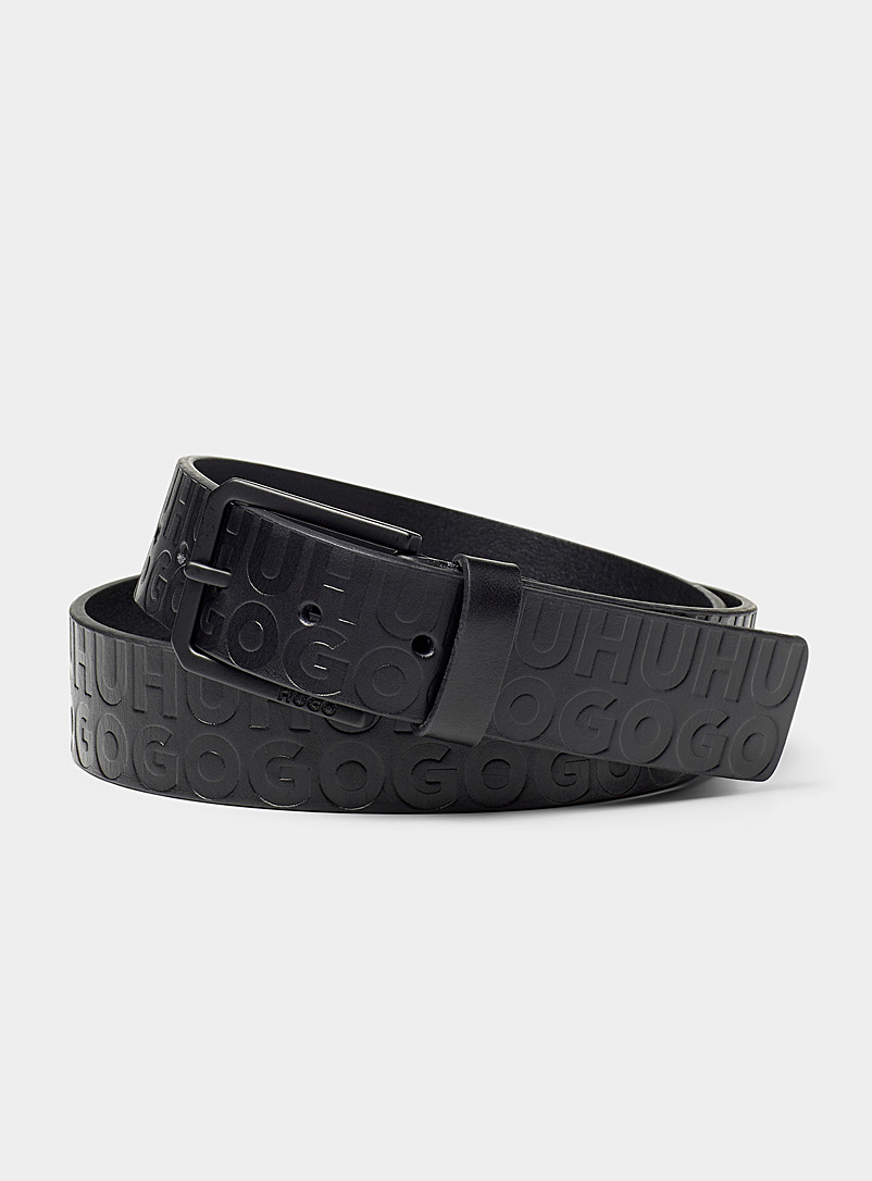 HUGO Black Embossed logo leather belt for men