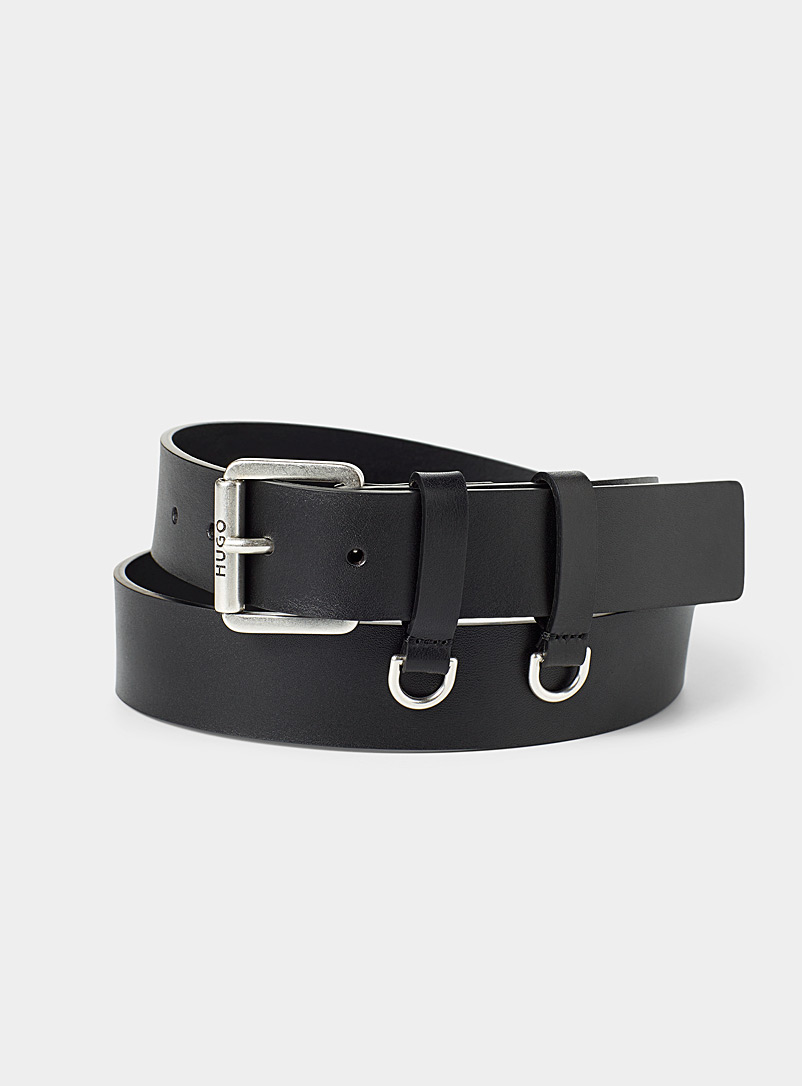 HUGO Black Double-loop leather belt for men