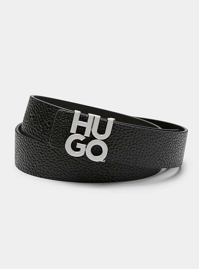 HUGO: La ceinture cuir grenu boucle logo Noir pour homme