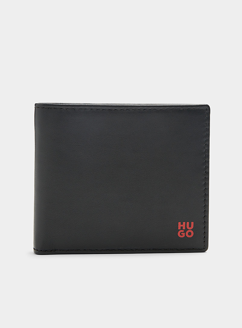 HUGO Black Red-logo black leather wallet for men
