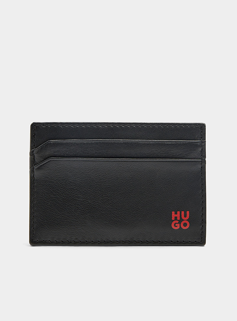 HUGO Black Red-logo black leather card holder for men