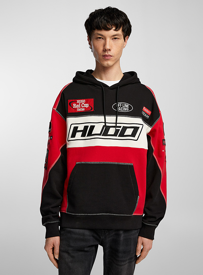 HUGO Patterned black Dussels running emblem hoodie for men