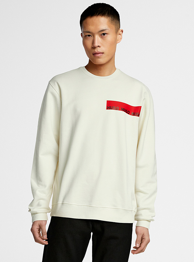HUGO Ivory/Cream Beige Dranach framed logo sweatshirt for men