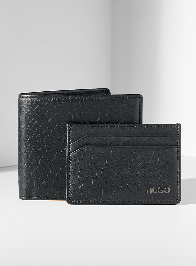 HUGO Black Crackled leather wallet and card holder set for men