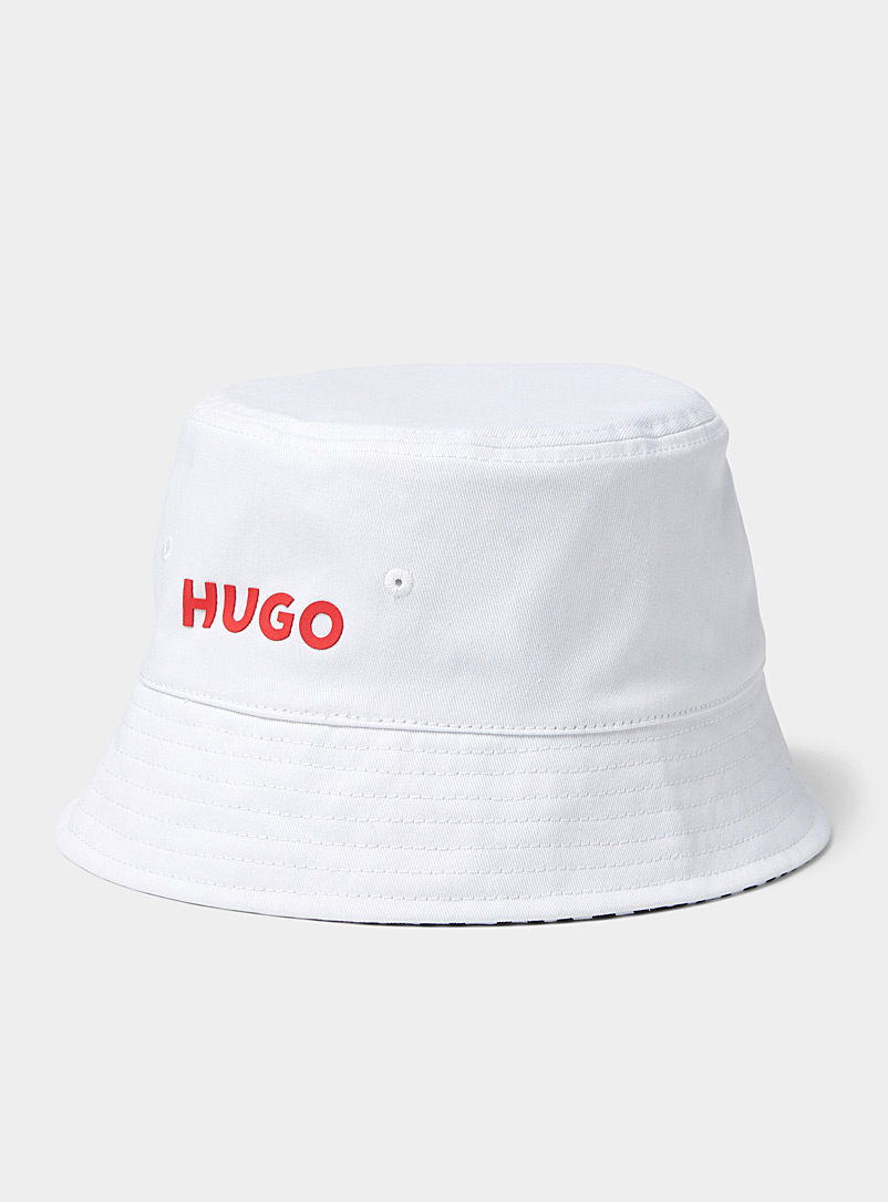 HUGO White Black-and-white logo reversible bucket hat for men
