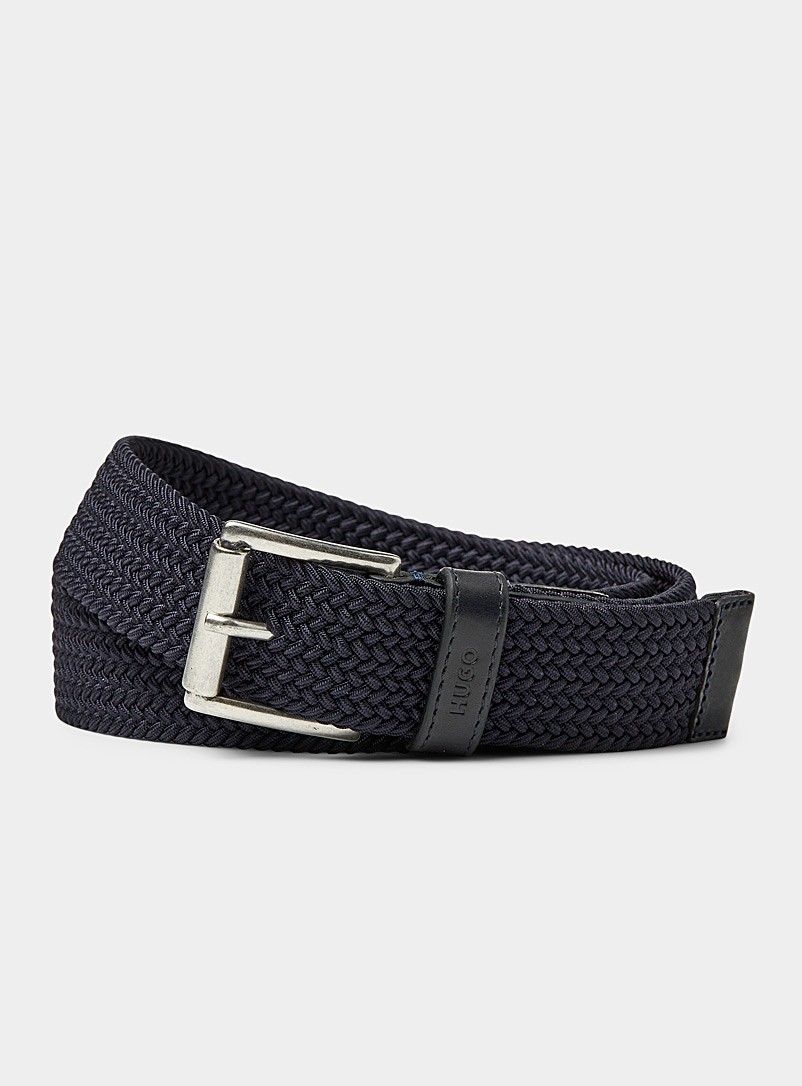 HUGO Marine Blue Leather-accent woven belt for men