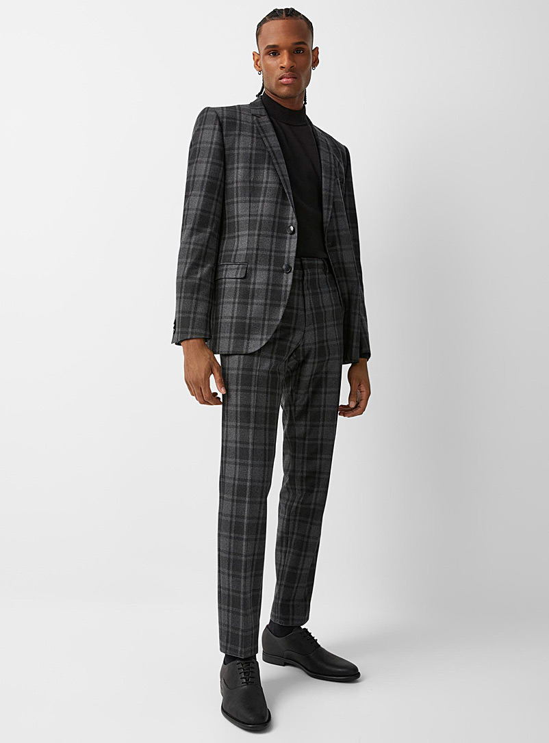 HUGO Grey Ash-grey check pure wool suit Slim fit for men
