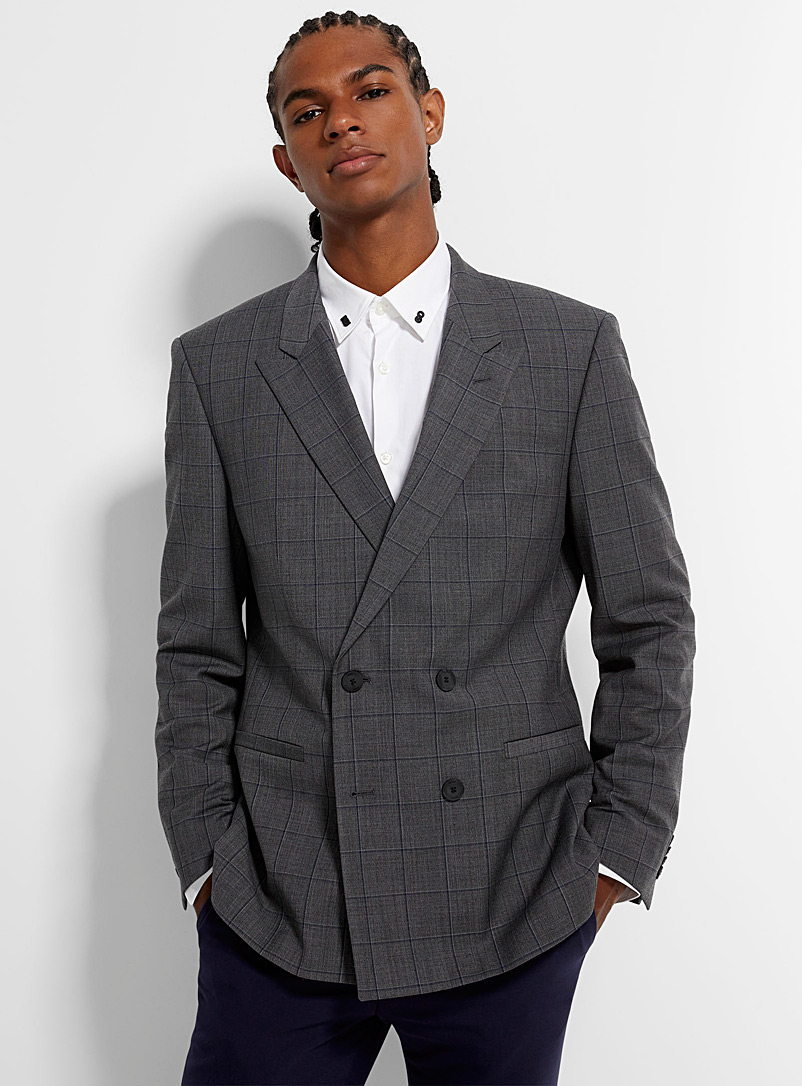 HUGO Dark Grey Double-breasted windowpane-check jacket Regular fit for men