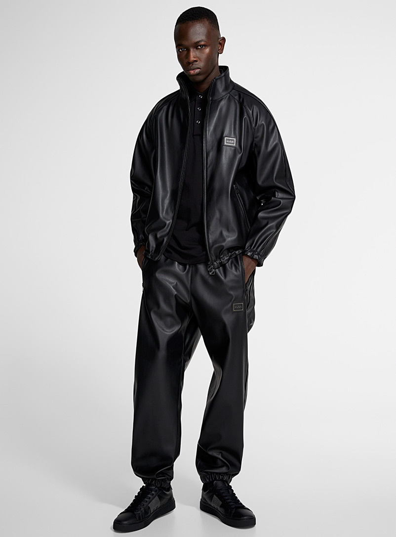 HUGO Black Gathered hem faux-leather jacket for men