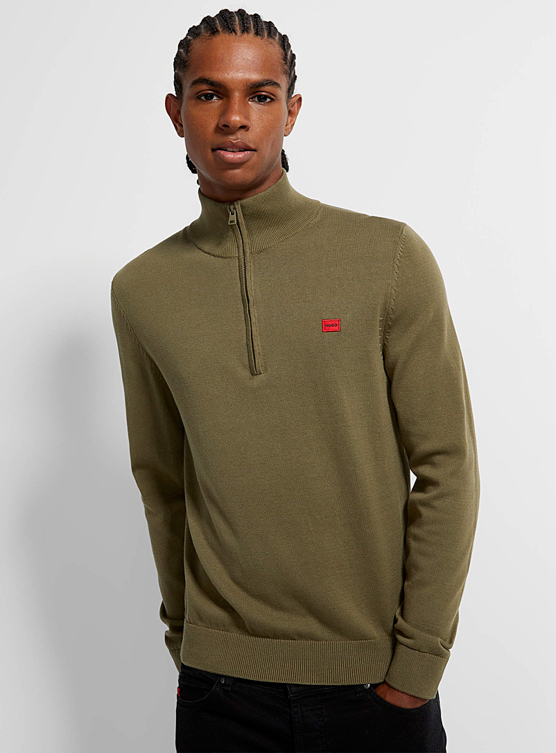 HUGO Light Brown San Quintus zipped-collar sweater for men