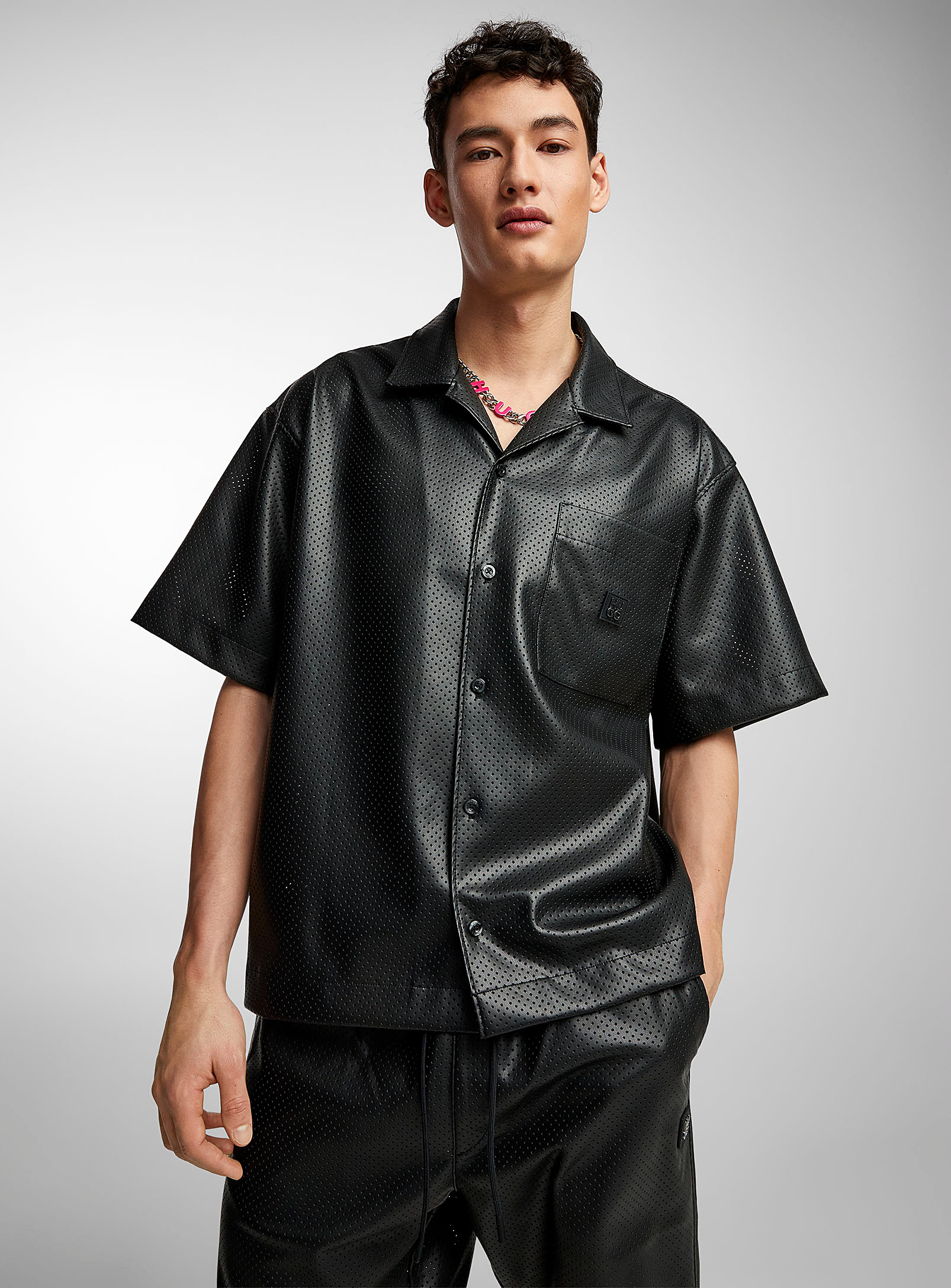 Hugo Perforated Faux-leather Shirt In Black
