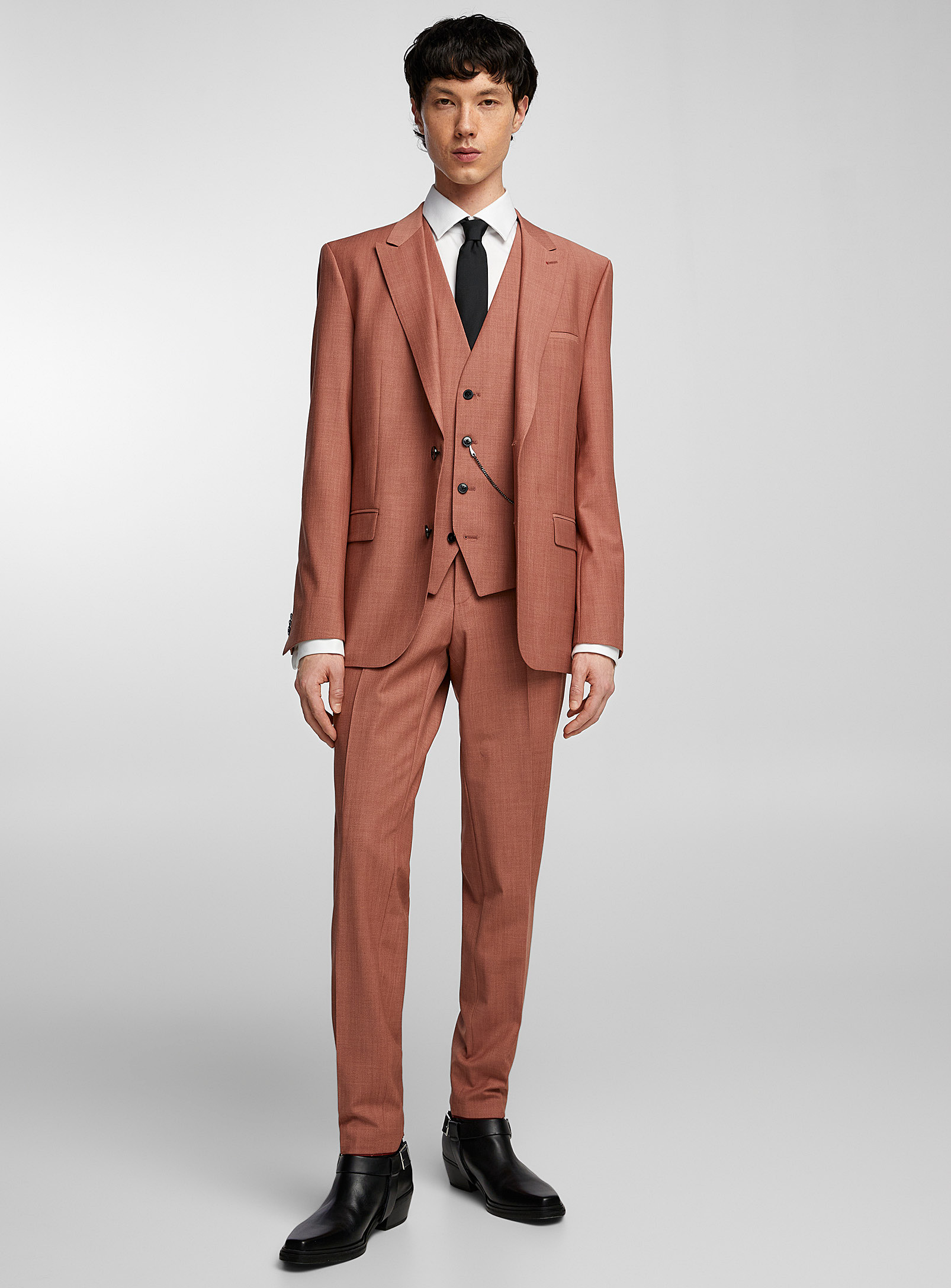 HUGO - Men's Salmon pink 3-piece stretch suit Semi-slim fit