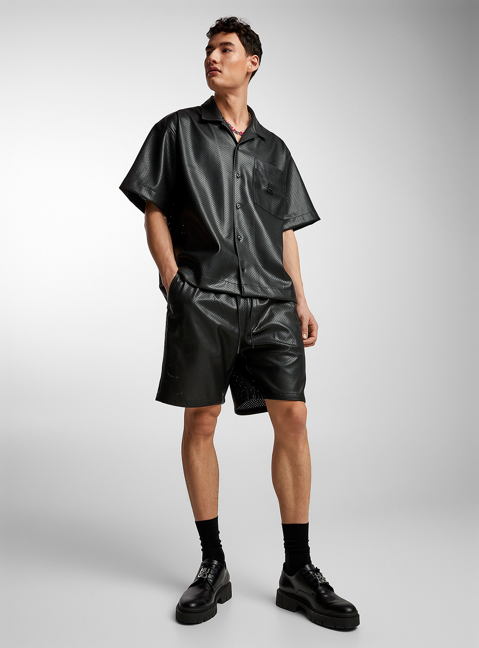 Shop Hugo Perforated Faux-leather Bermudas In Black
