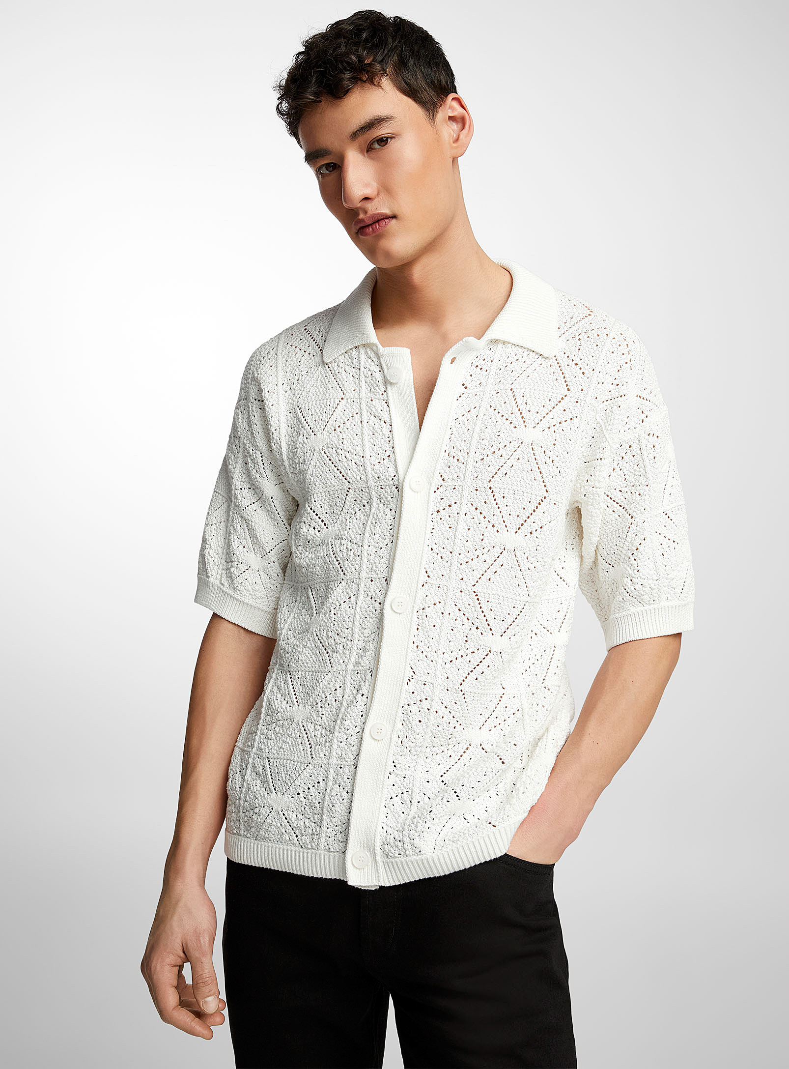 Hugo Mosaic Crochet Shirt In White