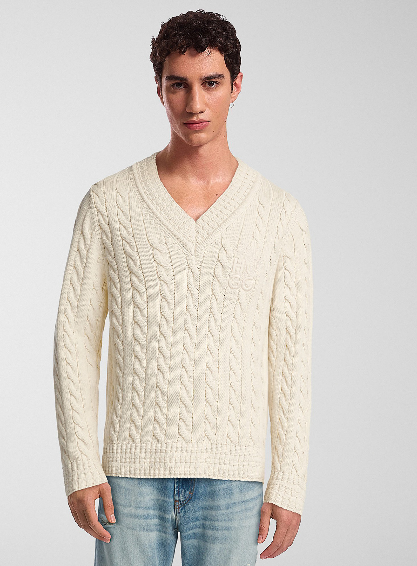 Hugo Twisted-cable Sacoss Sweater In Ivory/cream Beige