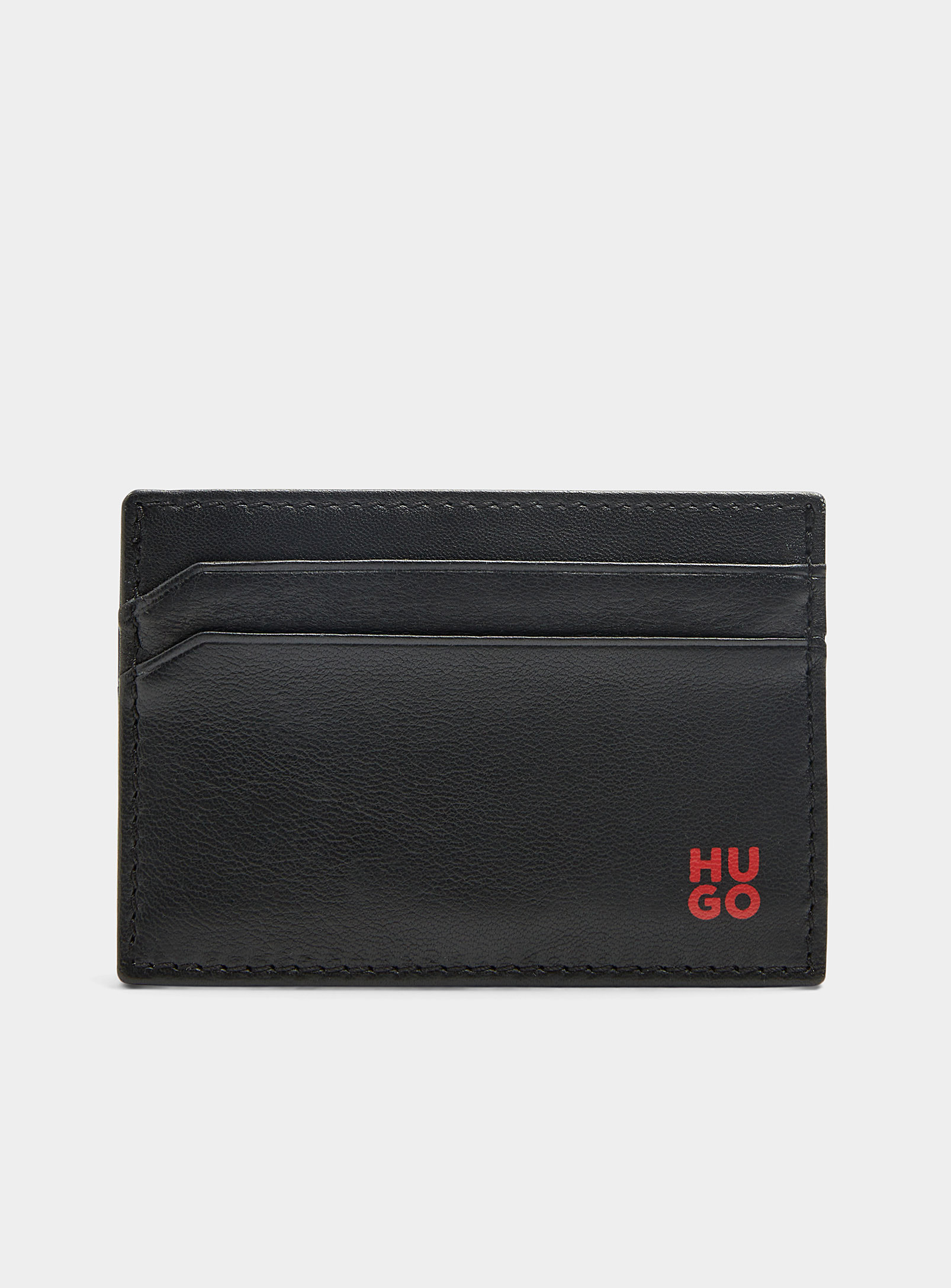 HUGO - Men's Red-logo black leather card holder