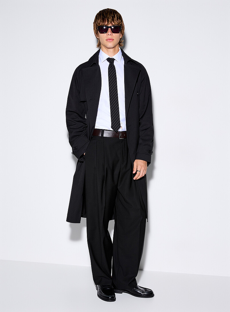 Belted Double-Breasted Black Trench Coat