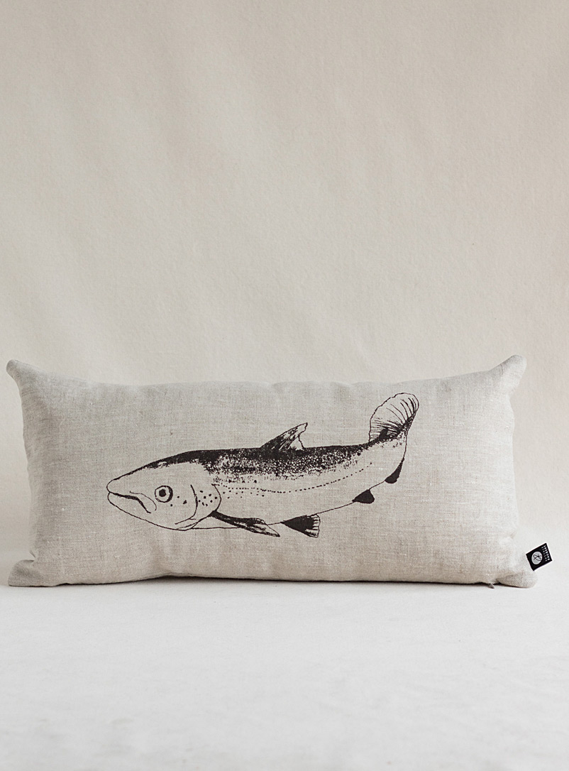 Pascale Faubert créations Ivory/Cream Beige Salmon fishing linen cushion 25.5 x 51 cm