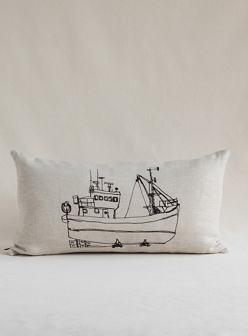 Pascale Faubert créations Cream Beige Cod fishing linen cushion 25.5 x 51 cm