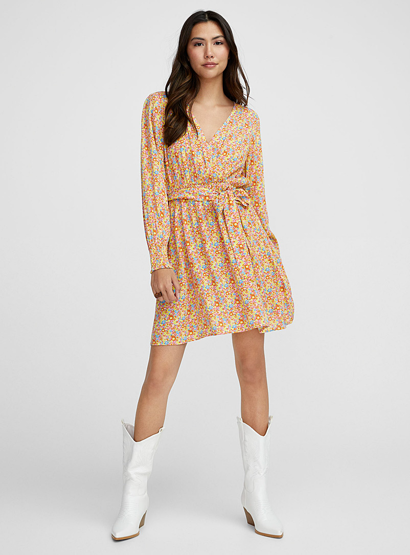 Twik Patterned Yellow Tie-cord crossover dress for women