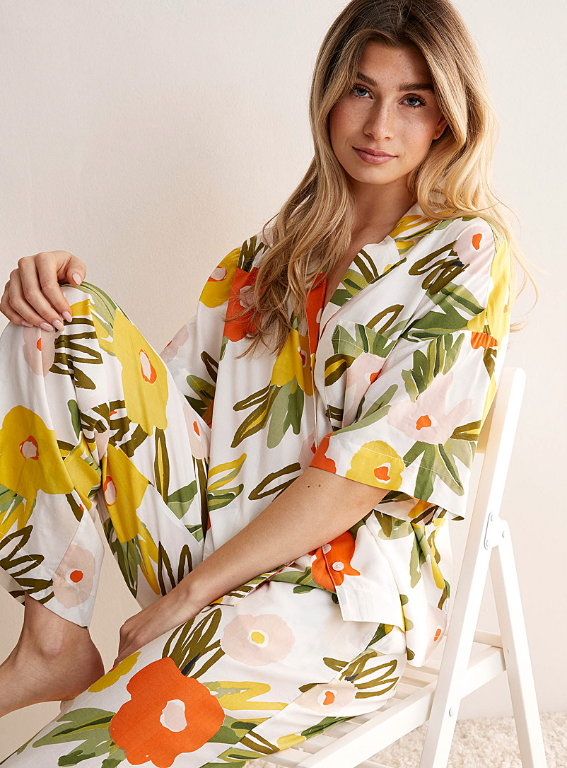 Miiyu Ivory White Patterned peachskin pyjama set for women
