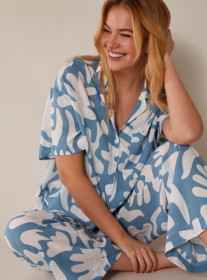 Miiyu Blue Patterned fluid pyjama set for women