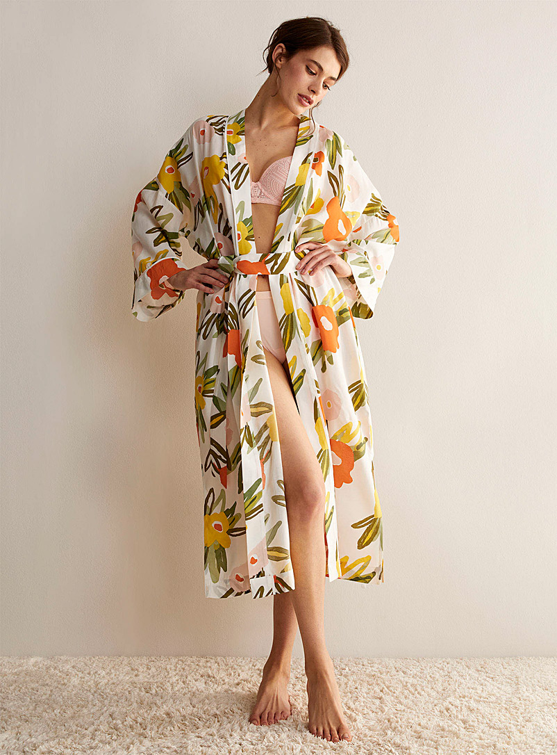 Miiyu Ivory White Patterned peachskin bathrobe for women