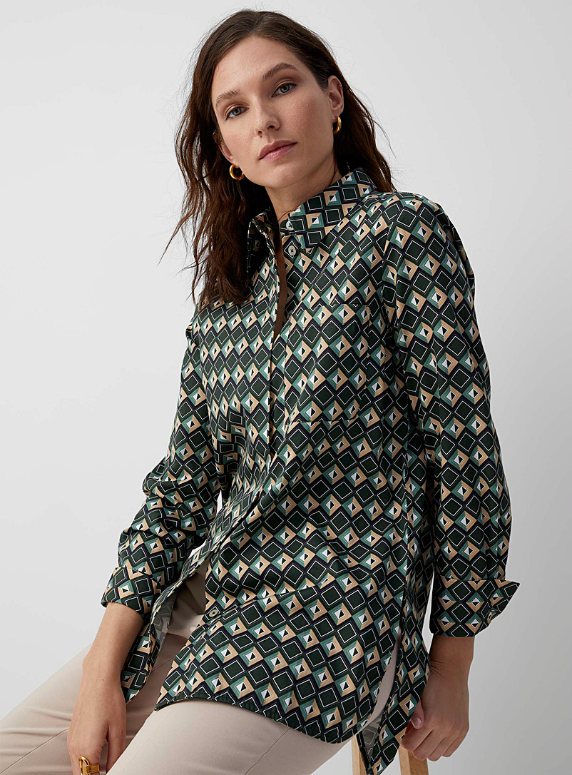 Contemporaine Patterned Green Printed poplin tunic shirt for women