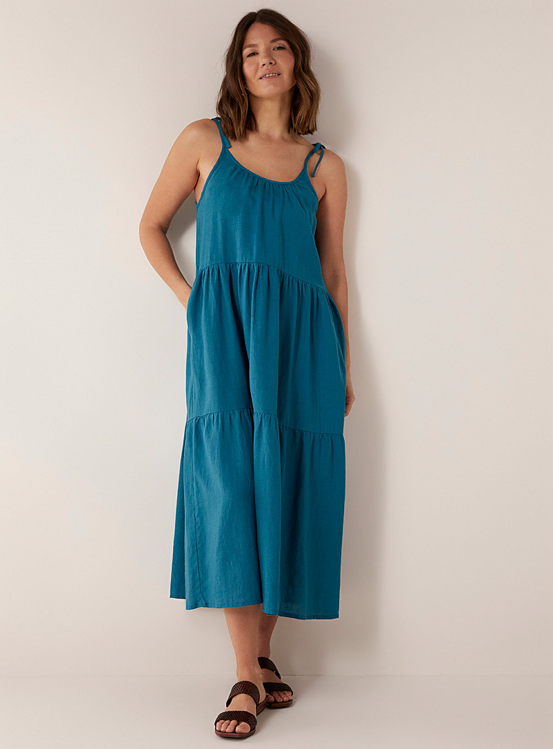 Simons Teal Pure linen tiered maxi dress for women