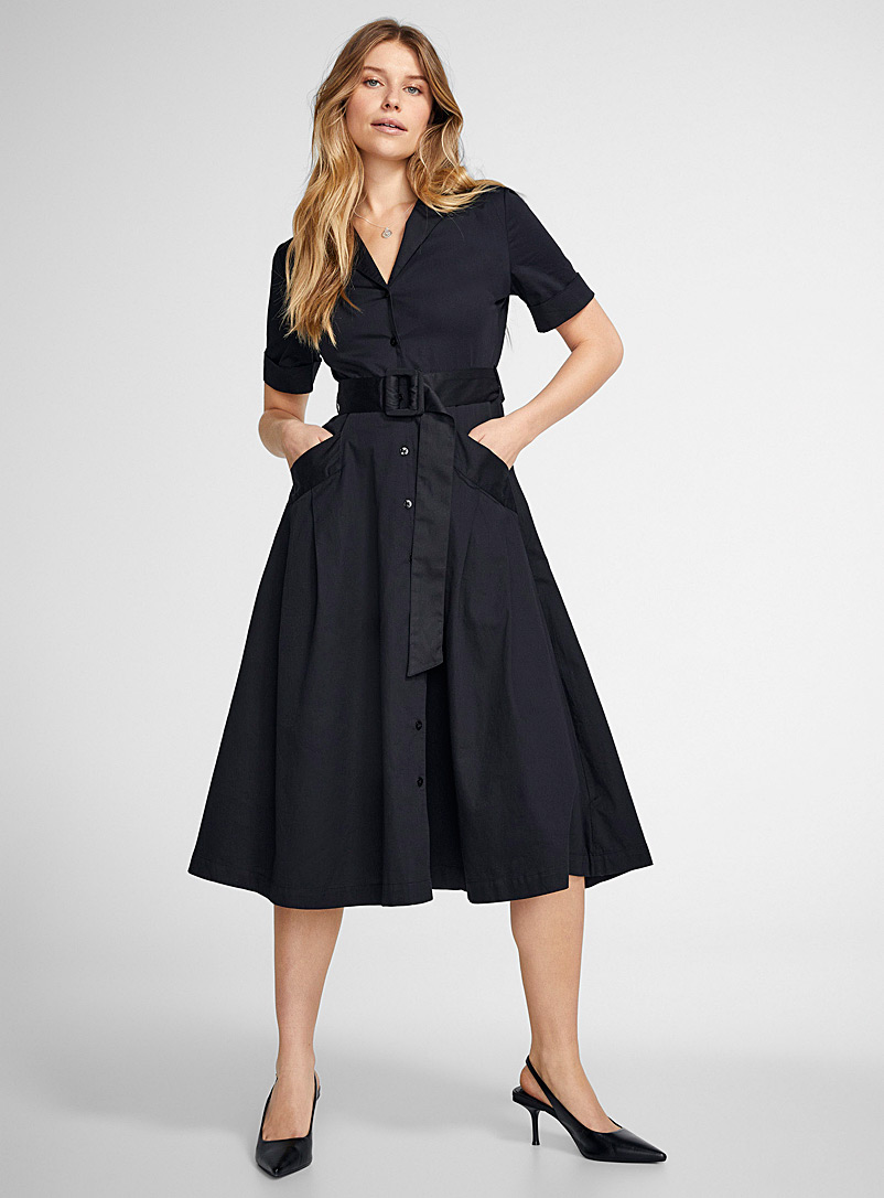 Icône Black Notch collar belted poplin dress for women
