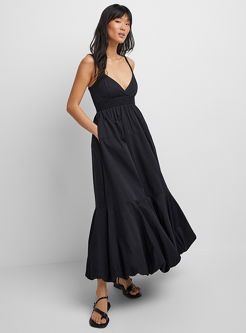 Icône Black V-neck balloon maxi dress for women