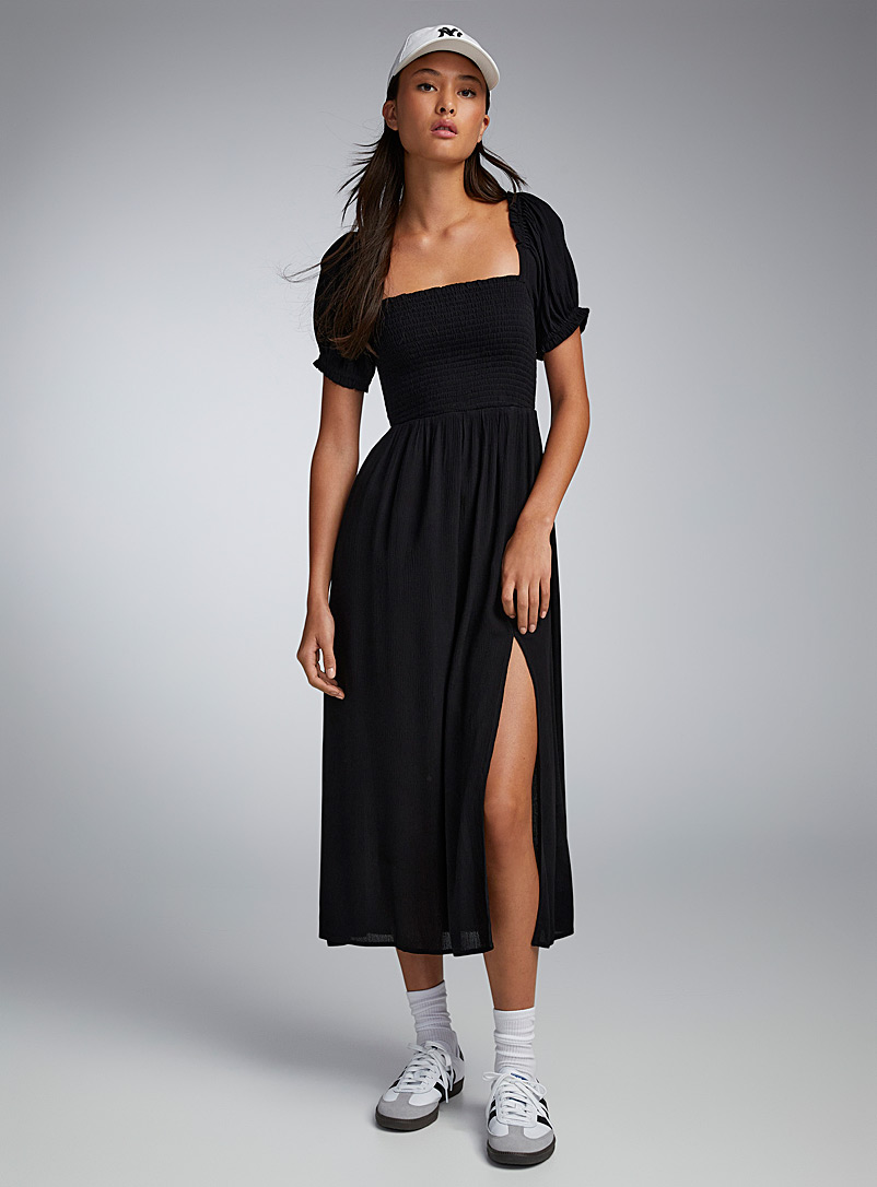 Twik Black Puff-sleeve smocked bustier dress for women
