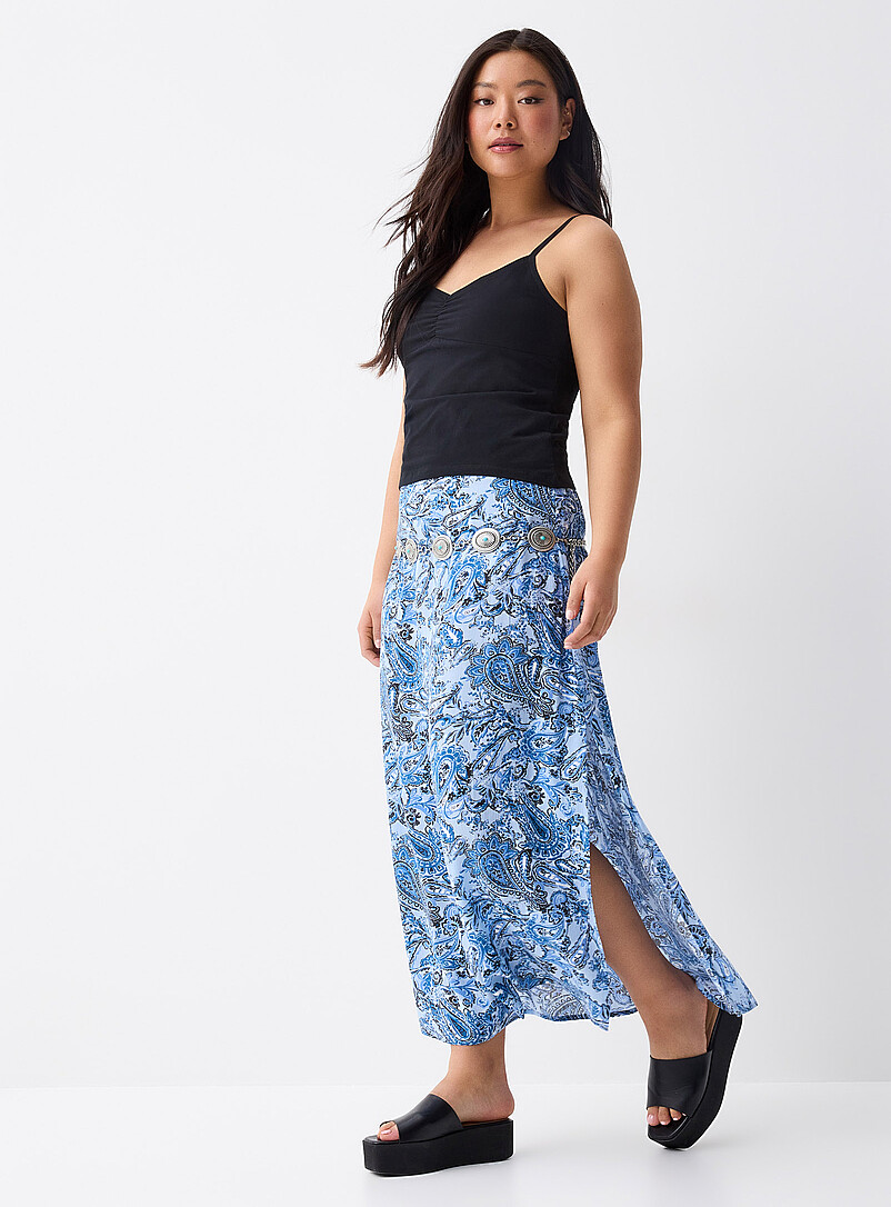 Twik: La jupe longue fendue cr&ecirc;pe textur&eacute; Soleils pour femme