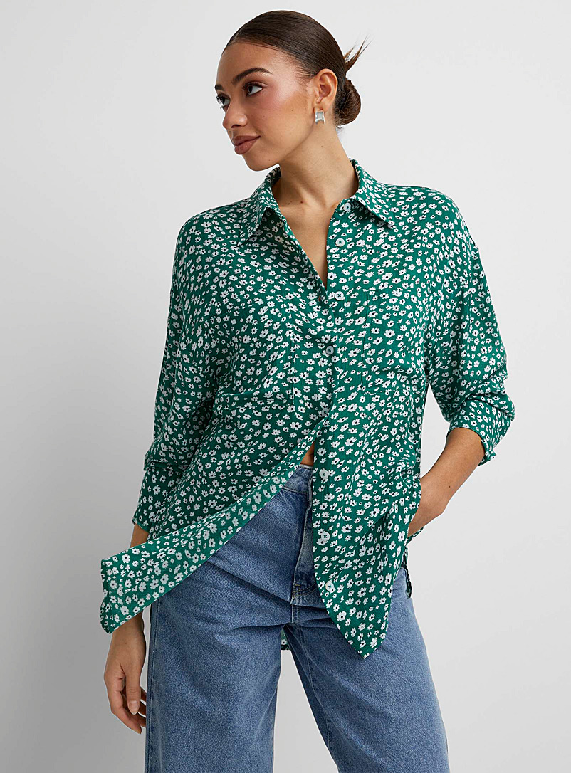Icône: La chemise ample imprimée texture froissée Vert à motifs pour femme