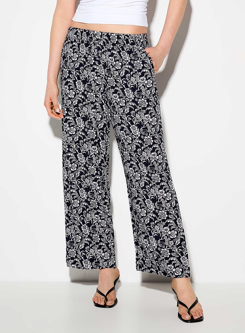 Ic&ocirc;ne Navy/Midnight Blue Crinkled texture cropped wide-leg pant for women