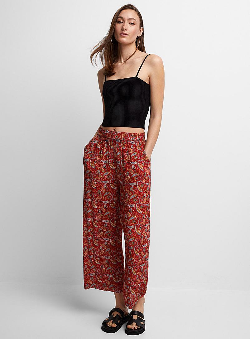 Icône Patterned Red Wrinkled texture cropped wide-leg pant for women