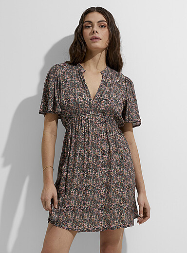 Ic&ocirc;ne Patterned Brown Crinkled texture flared minidress for women