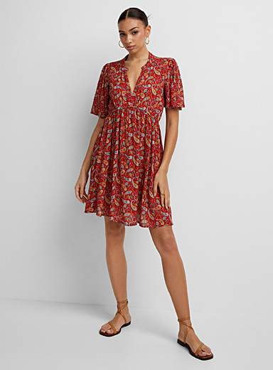 Ic&ocirc;ne Patterned Red Crinkled texture flared minidress for women