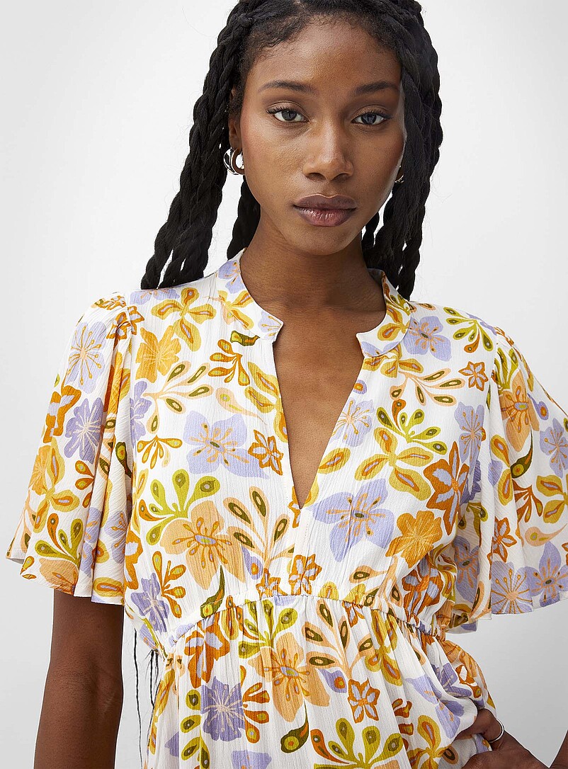 Ic&ocirc;ne: La minirobe &eacute;vas&eacute;e texture froiss&eacute;e Blanc &agrave; motifs pour femme