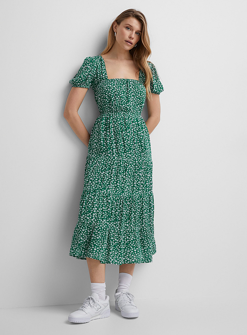 Icône: La longue robe dos ouvert texture froissée Vert à motifs pour femme
