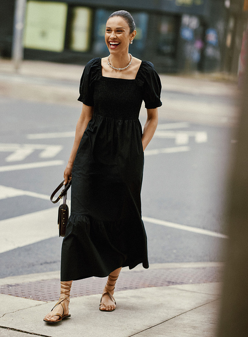 Contemporaine Black Smocked bodice poplin dress for women