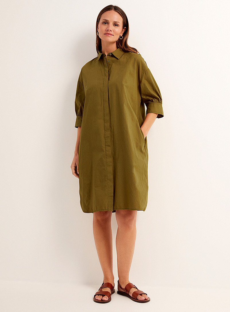 Contemporaine Mossy Green Puff-sleeve shirtdress for women