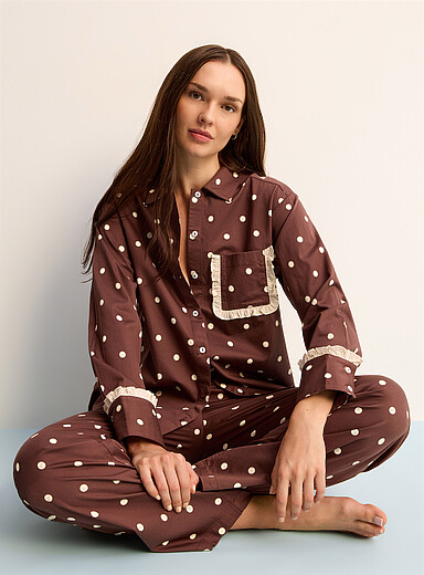 Miiyu Patterned Brown Patterned and ruffled poplin shirt for women
