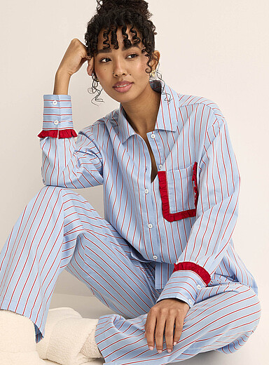 Miiyu Patterned Blue Patterned and ruffled poplin shirt for women