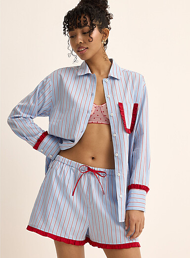 Miiyu Patterned Blue Striped and ruffled poplin pyjama short for women