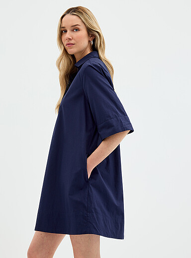 Contemporaine Indigo/Dark Blue Johnny collar poplin dress for women