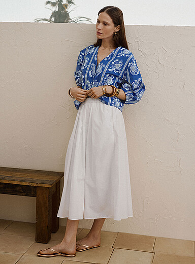 Pleated-waist poplin maxi skirt