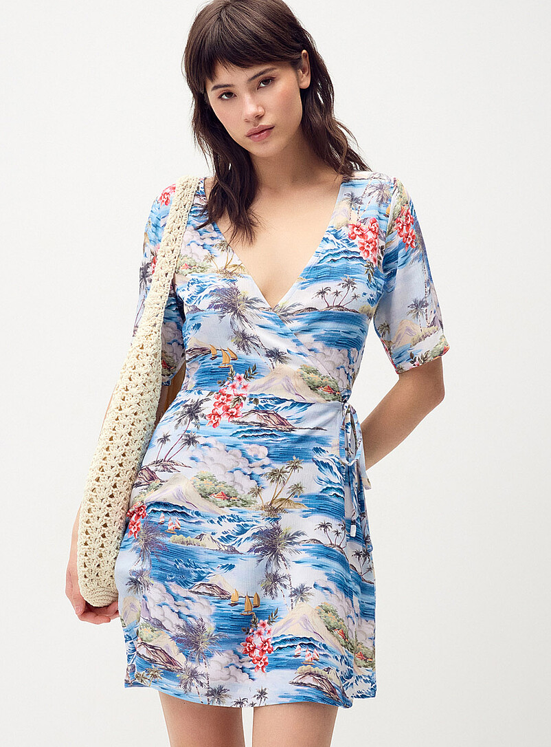 Twik Patterned green Crinkled wrap-style minidress for women