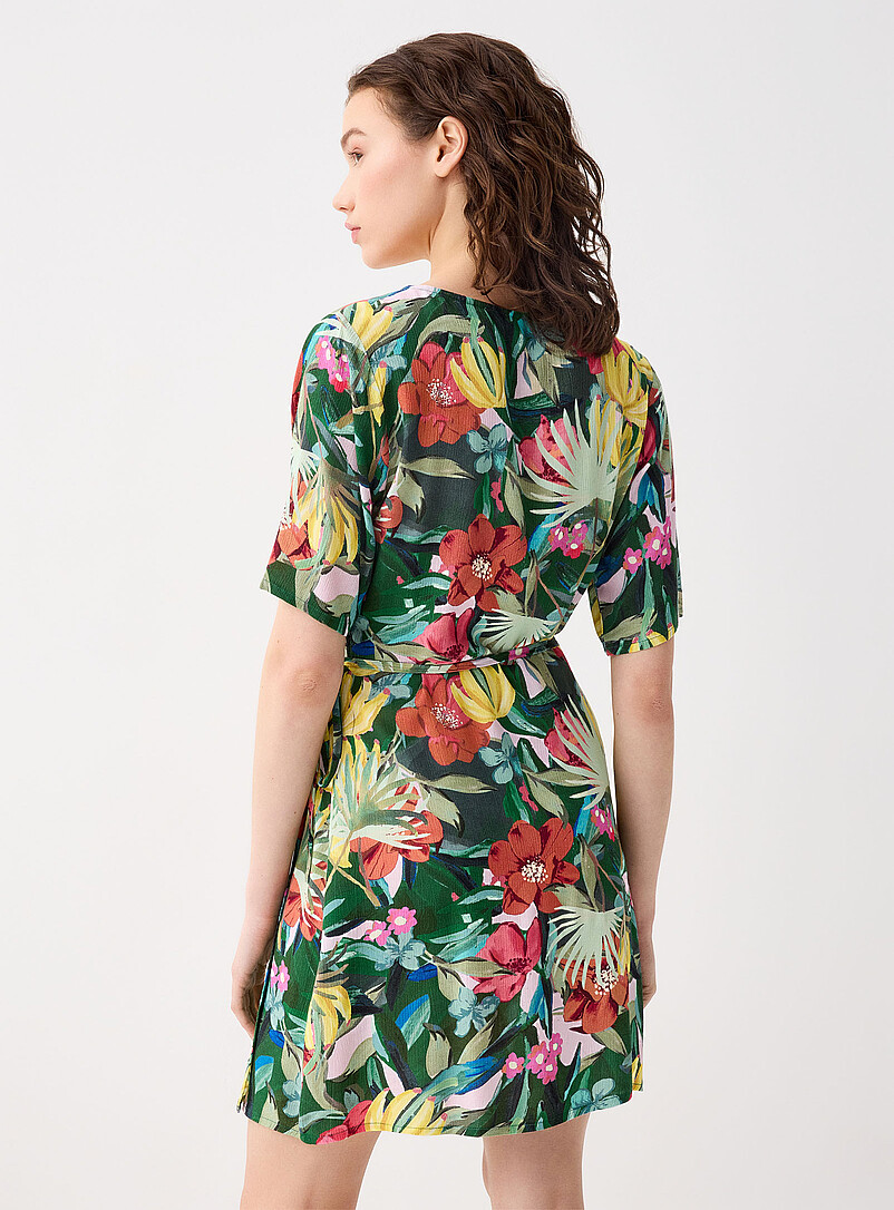 Twik Patterned green Crinkled wrap-style minidress for women